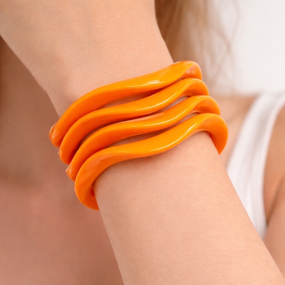 Orange Wavy Bangle Bracelet Set Boho Zigzag Stackable 2.5” Lead Free